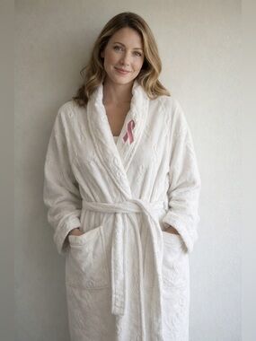 Breast Cancer Awareness Plush Bathrobe Pink Ribbon White Cotton One Size